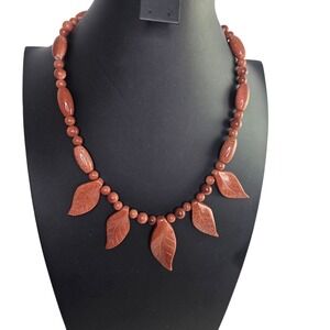 Carved Leaf Goldstone Necklace Beaded Statement Jewelry Women
